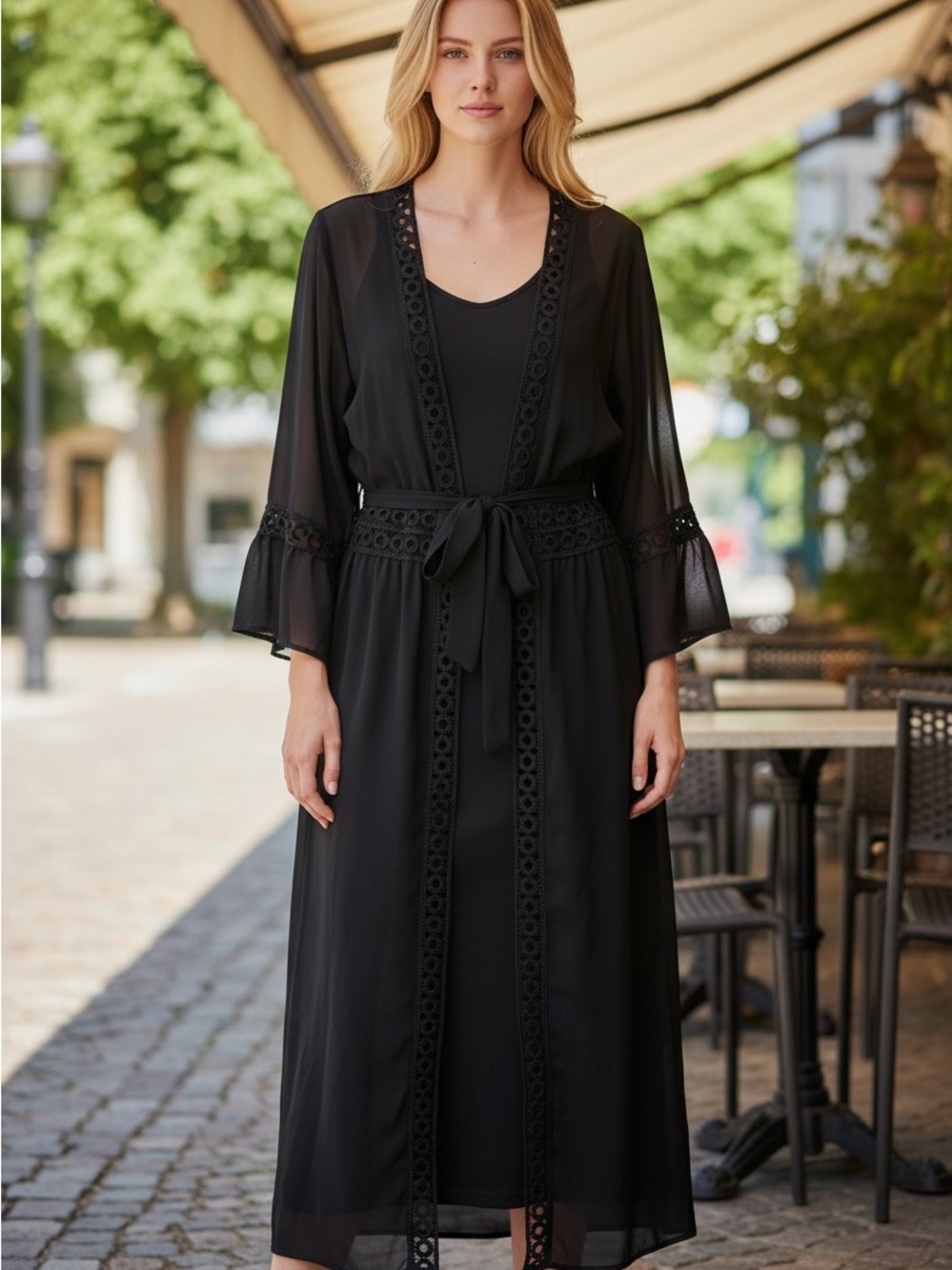 SHEIN Black Lace-Trim Sheer Duster Robe